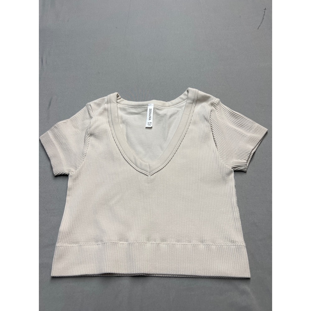 Zenana Ribbed V-Neck Crop Top Cream Short Sleeve Seamless NT-6356A S/M